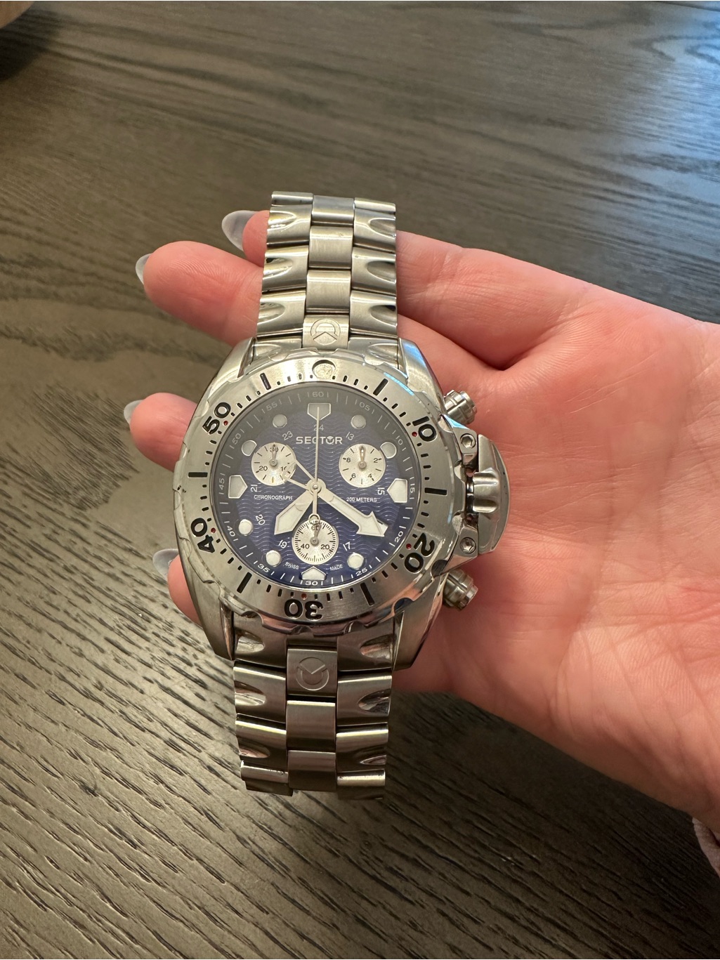 Stainless Steel Mens Chronograph Watch  Silver With Blue Dial
